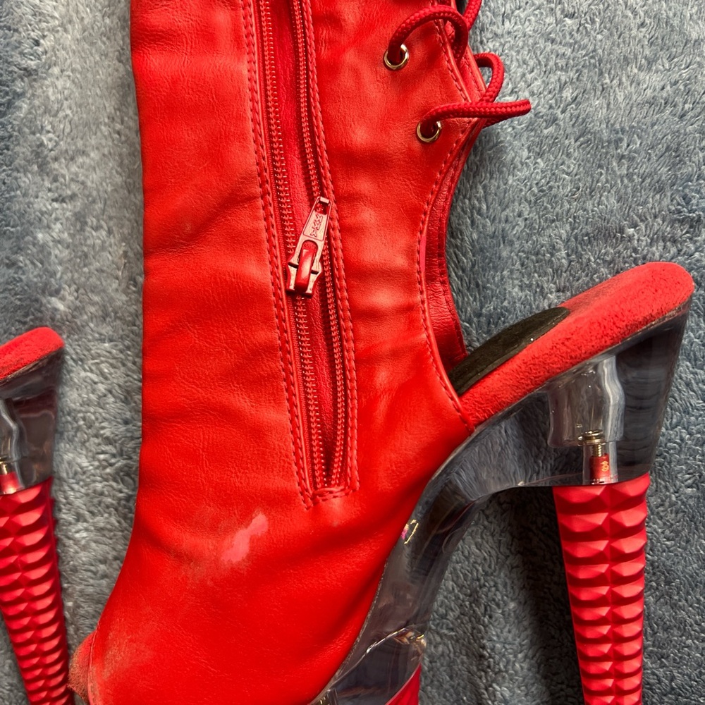 PLEASER Thigh High Red Studded Stripper Heel Boots 8” - Picture 3 of 4